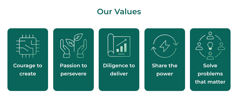 Allume company values listed with an icon above each. The values read Courage to create, Passion to persevere, Diligence to deliver, Share the power and Solve problems that matter